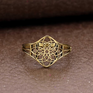 Boho Brass Mandala Ring | Geometric Filigree Band | Adjustable Gold-Tone Statement Jewelry