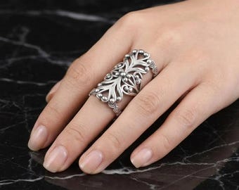 925 Silver Floral Filigree Armor Ring, Boho Shield Statement Band