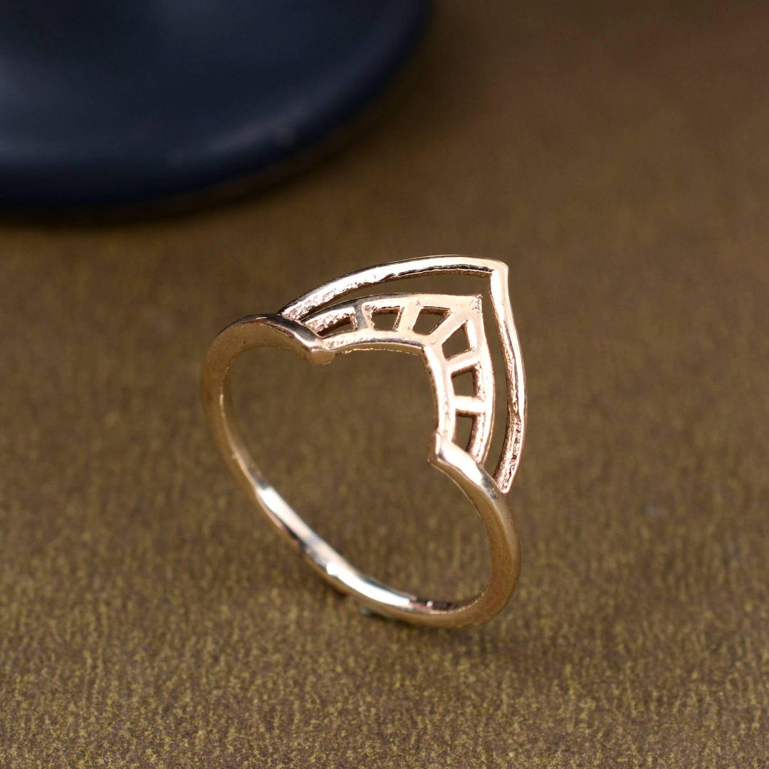 Rose Gold Chevron Stacking Ring, Art Deco V Shape Geometric Crown Band ...