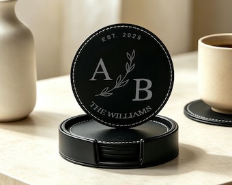 5 Custom Leather Coasters,Coasters With Holder,Personalized Name Coasters, Round Leather Coasters, Housewarming Gift, Wedding Gift Idea