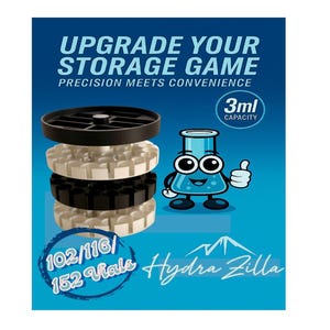 May include: A blue and white graphic promoting storage solutions. The text reads "UPGRADE YOUR STORAGE GAME" and "PRECISION MEETS CONVENIENCE." A cartoon beaker gives a thumbs up. The product holds 102/116/152 vials and has a 3ml capacity.