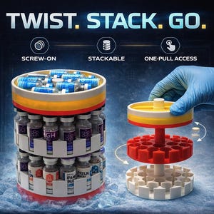 May include: A modular, stackable insert system for 32oz Hydrapeak bottles. The system features a screw-on design with one-pull access, shown in white, red, and yellow. The image includes text: "Twist. Stack. Go."