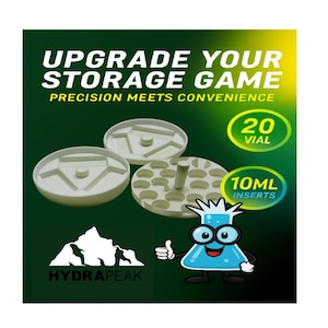 May include: White storage inserts with a 20-vial capacity and 10ml inserts. The image includes the text "UPGRADE YOUR STORAGE GAME" and "PRECISION MEETS CONVENIENCE". A cartoon beaker character gives a thumbs up.