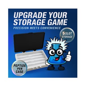 May include: A black and white storage case with a white interior, labeled "Peptide Pen Case." The image also features a cartoon character and text that reads "Upgrade Your Storage Game" and "5 Slot Storage."
