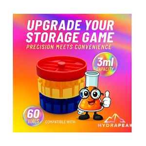 May include: A colorful product image with the text "UPGRADE YOUR STORAGE GAME". It features a stack of red, yellow, and blue storage containers, a cartoon beaker character, and the text "60 VIALS". The capacity is 3ml.