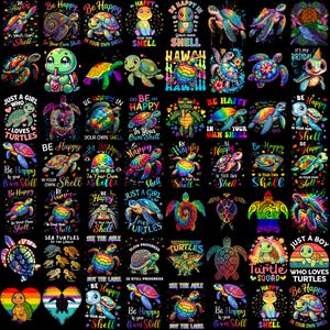 May include: A collection of colorful turtle designs on a black background. The turtles feature various patterns and vibrant colors, with text like "Be Happy" and "Just a Girl Who Loves Turtles". The designs are suitable for apparel or accessories.
