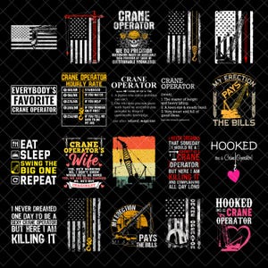 Könnte beinhalten: Sammlung von Grafikdesigns zum Thema Kranführer. Die Designs umfassen Text und Illustrationen mit amerikanischen Flaggenmotiven, Kransilhouetten und Sätzen wie "Crane Operator Hourly Rate" und "My Erection Pays the Bills."