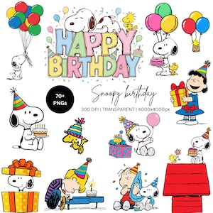 May include: A digital collection of 70+ Snoopy birthday PNG graphics featuring Snoopy, Woodstock, and Lucy in party hats with balloons, cakes, and gifts. The text reads HAPPY BIRTHDAY, Snoopy birthday, 300 DPI, TRANSPARENT, 4000x4000px.