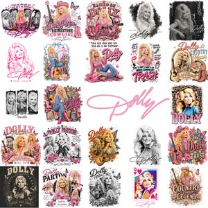 May include: A collection of twenty-five graphic designs featuring Dolly Parton, including illustrations, portraits, and text elements like Dolly, Rhinestone Cowgirl, and Country Legend, rendered in various styles, colours, and black and white tones.
