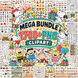 Puede incluir: Una colección digital de más de 1700 archivos clipart PNG con Snoopy, Charlie Brown y la pandilla de Peanuts en varias escenas estacionales. El gráfico central muestra el texto MEGA BUNDLE 1700+ PNG CLIPART en colores llamativos.