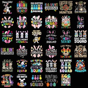 Op de afbeelding: Een verzameling kleurrijke paas-thema grafische ontwerpen op een zwarte achtergrond. De ontwerpen bevatten konijntjes, eieren en tekst zoals "Egg Hunt Squad" en "Happy Easter". Geschikt voor kleding en accessoires.