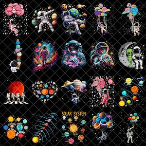 Może przedstawiać: Kolekcja kolorowych ilustracji o tematyce kosmicznej na czarnym tle. Obrazy przedstawiają astronautów, planety i ciała niebieskie. Niektóre projekty przedstawiają astronautów z planetami, inne układ słoneczny i tekst "Occupational Therapy is out of this world."