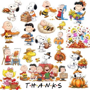 May include: A collection of Peanuts characters including Snoopy, Charlie Brown, Lucy, and Woodstock in various Thanksgiving-themed scenes, featuring pumpkins, turkeys, pies, autumn leaves, and a wooden sign with the text THANKS at the bottom.