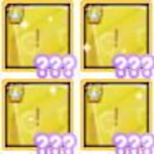 May include: Four square, gold-colored cards with a sparkling effect. Each card features a white exclamation point and the text "???" in purple. The cards are arranged in a two-by-two grid.