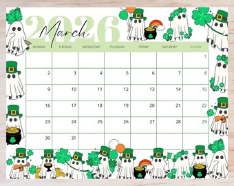 Editable St. Patrick's Day March 2026 Calendar | Printable Monthly Planner (PDF Download)
