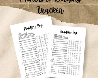 May include: Two white printable reading trackers. The text "Printable Reading Tracker" is at the top. Each tracker features a stack of books with a cat on top and a reading log. The trackers have star and heart shapes for tracking reading progress.