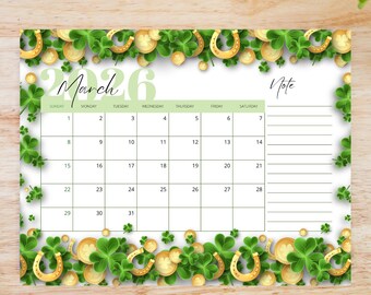 Editable St. Patrick's Day March 2026 Calendar | Printable Monthly Planner (PDF Download)
