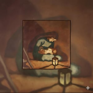 May include: An oil painting depicting a seated figure in teal robes cradling a baby. A lantern with a lit candle sits in the foreground. The artwork is framed in a dark brown border, with a warm, earthy background.