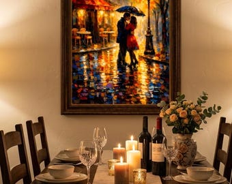 Lovers in Rain Canvas Wall Art, Romantic Paris Street Painting, Impressionist Paris Cafe Scene