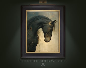 Vintage Black Horse Oil Painting | Noble Stallion Wall Art | Dark Academia Equine Decor | Gold Detail Animal Art | Digital Download