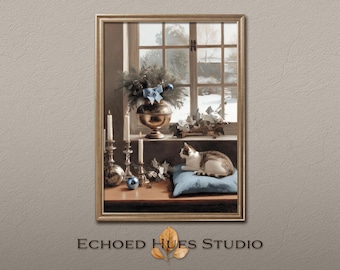 Christmas Cat by the Window – Winter Printable Art, Instant download