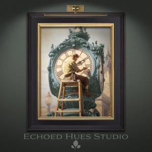 Peut inclure: Impression d'art encadrée représentant une illustration vintage d'une personne travaillant sur un grand cadran d'horloge. L'horloge est turquoise avec des accents dorés, et l'œuvre est placée sur un fond sombre. L'impression est encadrée en noir avec un bord intérieur doré.