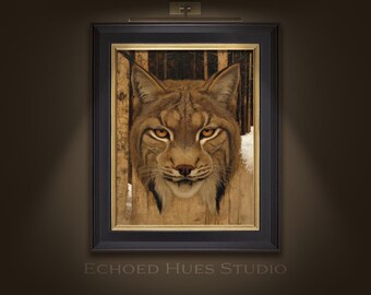 May include: Framed portrait of a lynx. The artwork features a detailed depiction of the lynx's face, with striking orange eyes and a brown and tan coat. The painting is set against a backdrop of a forest scene, framed in black with a gold inner border.