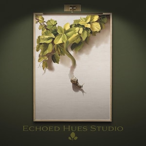May include: A framed artwork featuring a detailed painting of a snail and a vine with green and yellow leaves. The artwork is set against a light background and is framed in a light wood. The text "ECHOED HUES STUDIO" is at the bottom.