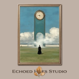 Peut inclure: Impression d'art surréaliste encadrée, représentant une horloge au sommet d'une structure turquoise avec une arche, sur fond de ciel bleu nuageux. Une silhouette noire se tient sur un champ vert. Œuvre d'Echoed Hues Studio.