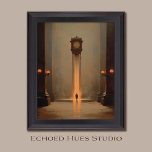 Op de afbeelding: Ingelijste kunstdruk met een surrealistische scène met een hoge klokkentoren in een grote hal. Een eenzaam figuur loopt naar een helder licht. Het kunstwerk is ingelijst in een zwart frame, met de tekst "ECHOED HUES STUDIO" onderaan.