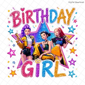 Può includere: Una grafica digitale con tre personaggi davanti a una grande stella viola, con il testo BIRTHDAY GIRL in lettere glitterate. I personaggi indossano abiti colorati, tra cui giacche e gonne gialle, circondati da coriandoli e stelle.
