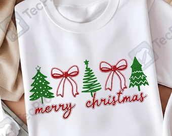 Albero di Natale preppy png, fiocco natalizio coquette png, design maglietta buon Natale, stile uncinetto coquette buon Natale png, file digitale