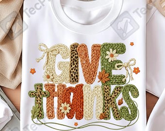 Preppy Give Thanks Faux Yarn PNG para Acción de Gracias, Leopard Pumpkin Autumn Preppy PNG, Agradecido Otoño Estético PNG, Coquette Faux Clipart