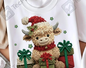 Mucca delle Highlands di Natale PNG Sublimazione Carino Accogliente Retro Filato Uncinetto Vacanza Mucca Clipart per Magliette e Regali Festivo Download Digitale