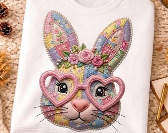 Patchwork di coniglietti floreali in formato PNG, sublimazione di coniglietti pasquali in formato PNG, coniglietto pasquale floreale retrò, coniglietto Gingham in formato PNG, design per magliette primaverili