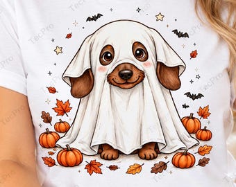 Dachshund Fantasma PNG, Salchicha Linda PNG de Halloween, Camiseta Espeluznante de Momia Doxie, Regalo Divertido de Halloween para Perros, Sublimación Moderna (Descarga Digital)