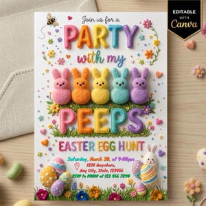 Peut inclure: Une invitation de Pâques colorée avec le texte "PARTY with my PEEPS" et "EASTER EGG HUNT". Le design comprend des lettres colorées, des figurines de lapins et des œufs décorés. L'invitation fournit les détails de l'événement, y compris la date, l'heure et le lieu.