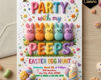 Modello di invito per la caccia alle uova di Pasqua, invito di Pasqua per una festa con i miei amici, invito modificabile per una festa a tema coniglietto pasquale, modello Canva stampabile