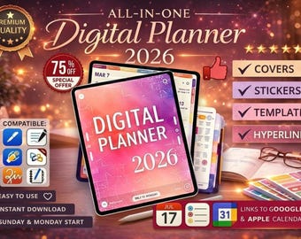 All in One Digitaler Planer 2026 2027 2028 für iPad | Täglicher, wöchentlicher, monatlicher digitaler Planer mit Hyperlink für GoodNotes & Notability