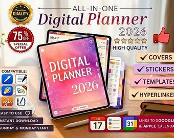 Agenda digitale tutto in uno 2026 2027 2028 per iPad / Agenda digitale giornaliera, settimanale e mensile con collegamenti ipertestuali per GoodNotes e Notability