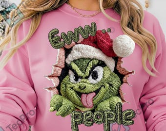 Uncinetto PNG di Green Mean Guy, personaggio divertente con filato a uncinetto, download digitale di sublimazione natalizia sarcastica "Ew People"