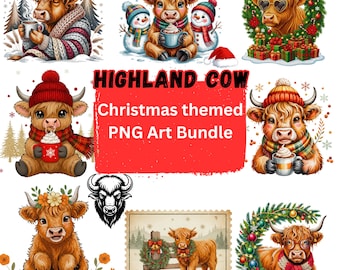Pacchetto di clipart PNG di mucche delle Highland natalizie: grazioso design di sublimazione di mucche natalizie per magliette, tazze e oggetti artigianali