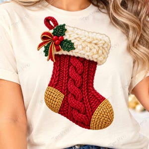 Puede incluir: Una camiseta de color crema con el gráfico de un calcetín navideño rojo de punto trenzado con puño blanco, puntera y talón dorados, y un lazo rojo decorativo con hojas de acebo verdes y tres bayas rojas en la esquina superior.