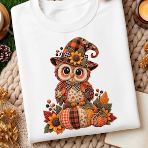 May include: A white crewneck sweatshirt featuring a graphic of an owl wearing a plaid witch hat with a sunflower. The owl sits on a patchwork pumpkin surrounded by autumn leaves, berries, and sunflowers in shades of orange, brown, and yellow.