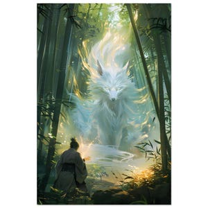 Può includere: Un'illustrazione digitale che raffigura una persona in abiti tradizionali in una foresta di bambù, di fronte a una grande creatura eterea simile a una volpe bianca, con pelliccia luminosa e occhi brillanti, circondata da luce dorata.