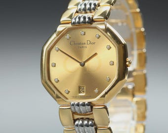 Reloj de mujer vintage Christian Dior Octagon 45 134 Date Gold de cuarzo de 32 mm