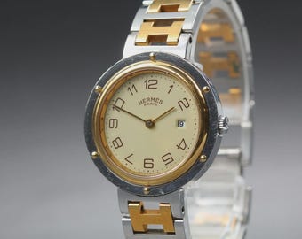 Vintage Hermes Clipper 30mm Ivory Date Quartz Unisex Watch From JAPAN
