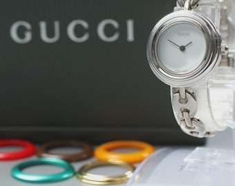 Vintage Gucci Change Bezel 11/12.2 6 Colors Silver QzWomen's Watch w/Box