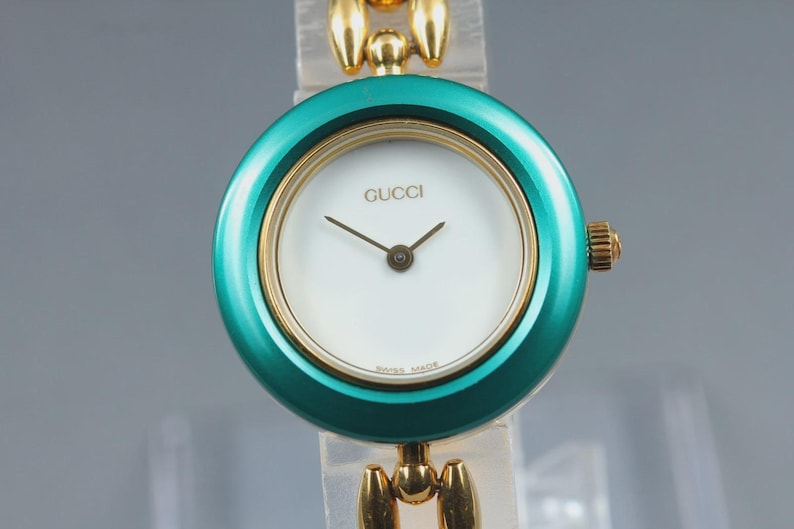 Vintage GUCCI Change Bezel 11/12.2 light Green Gold Quartz Women's Watch image 1
