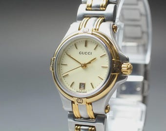 Montre vintage GUCCI 9040L pour femme, cadran ivoire, date, quartz rond, Japon